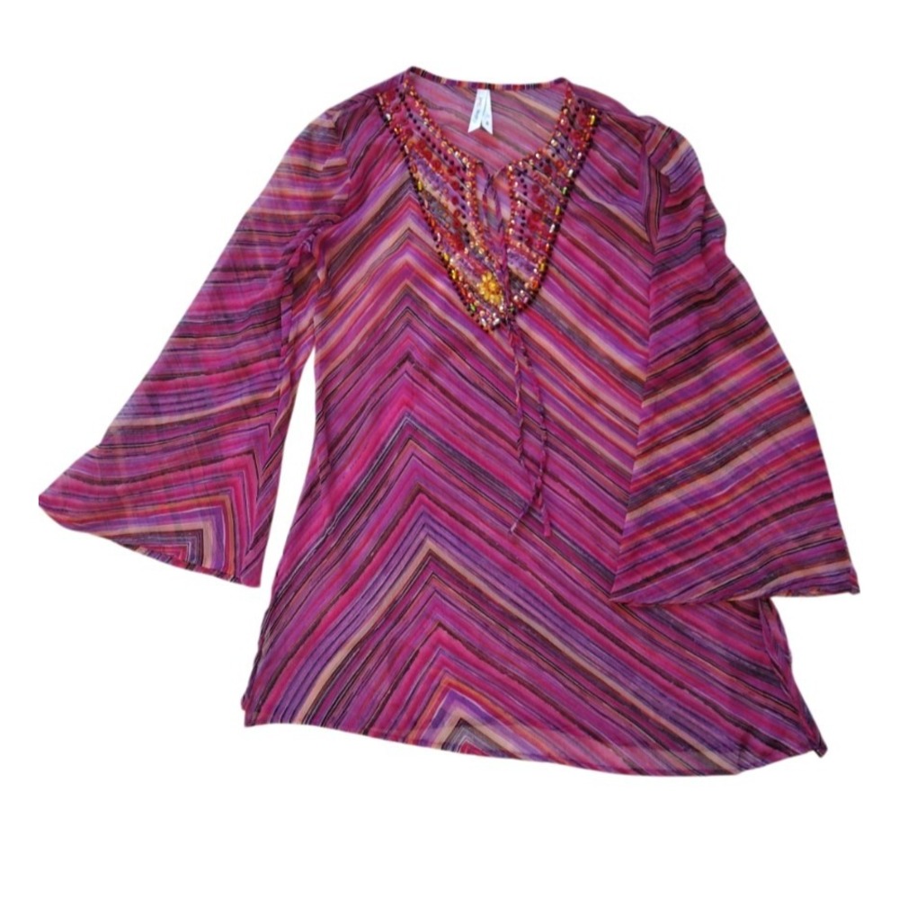 California Breeze Tunic Woman's S Purple Pink Striped Beaded Boho Beach Vacation